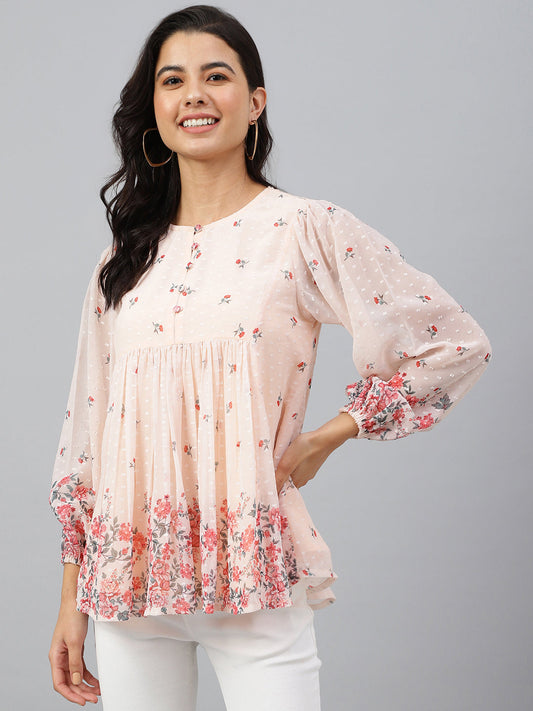 Janasya Women's Peach Georgette Floral Print Flared Top