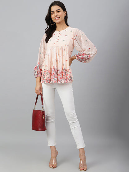 Janasya Women's Peach Georgette Floral Print Flared Top