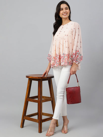 Janasya Women's Peach Georgette Floral Print Flared Top
