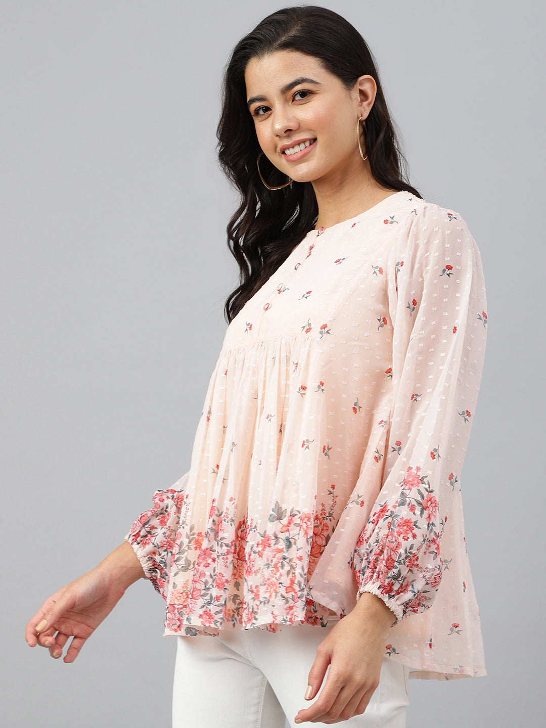 Janasya Women's Peach Georgette Floral Print Flared Top