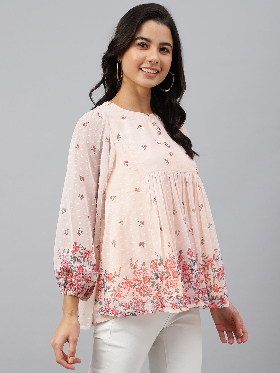Janasya Women's Peach Georgette Floral Print Flared Top