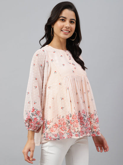 Janasya Women's Peach Georgette Floral Print Flared Top