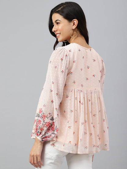 Janasya Women's Peach Georgette Floral Print Flared Top