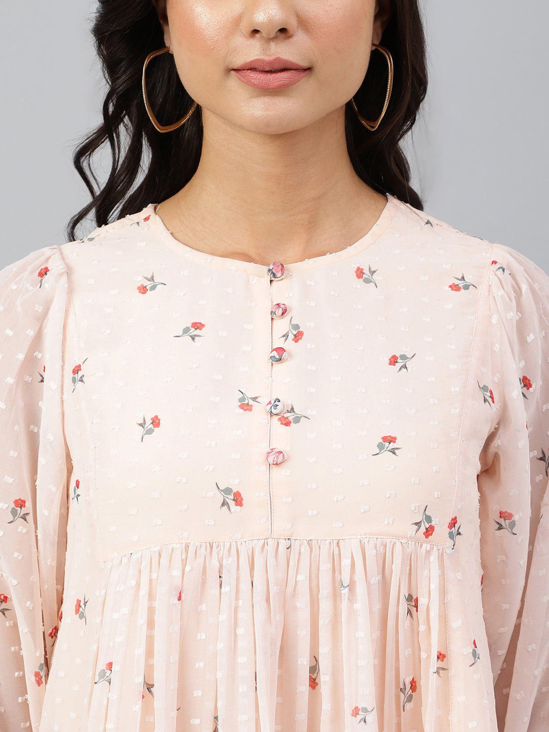 Janasya Women's Peach Georgette Floral Print Flared Top