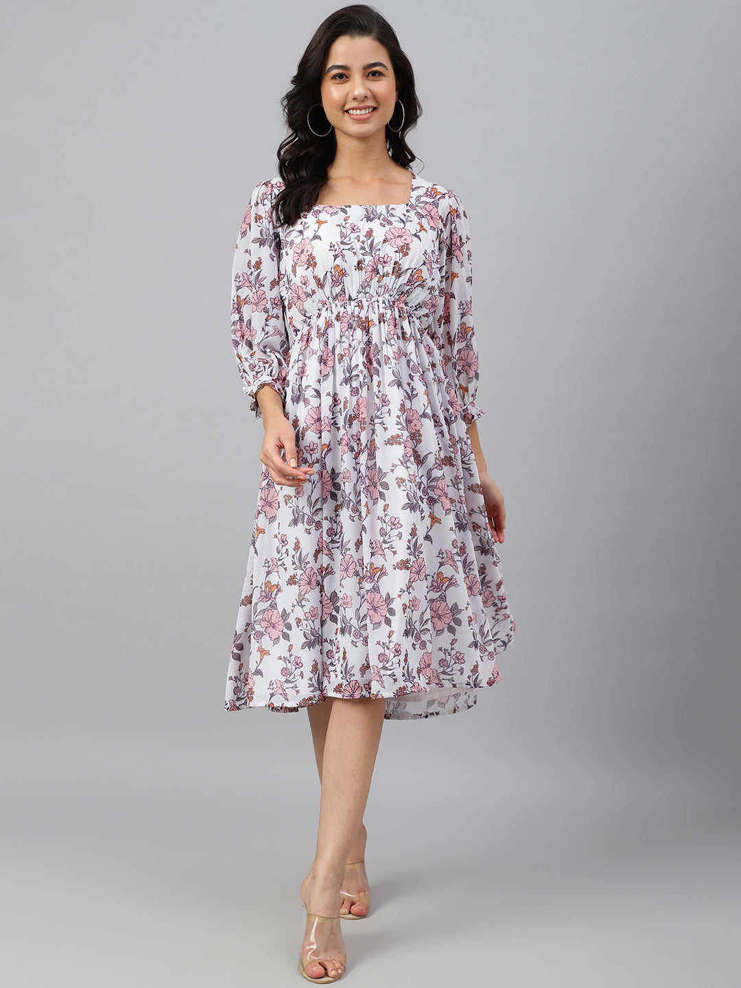 Janasya Women's White Georgette Floral Printed Flared Western Dress