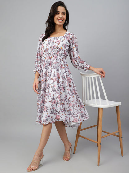 Janasya Women's White Georgette Floral Printed Flared Western Dress