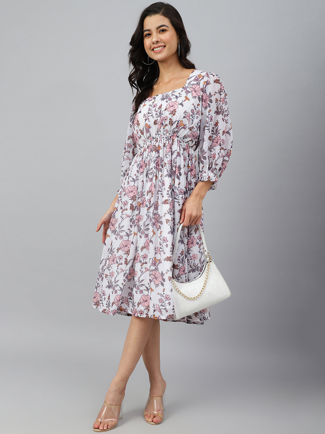 Janasya Women's White Georgette Floral Printed Flared Western Dress