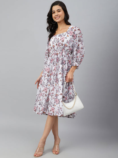 Janasya Women's White Georgette Floral Printed Flared Western Dress
