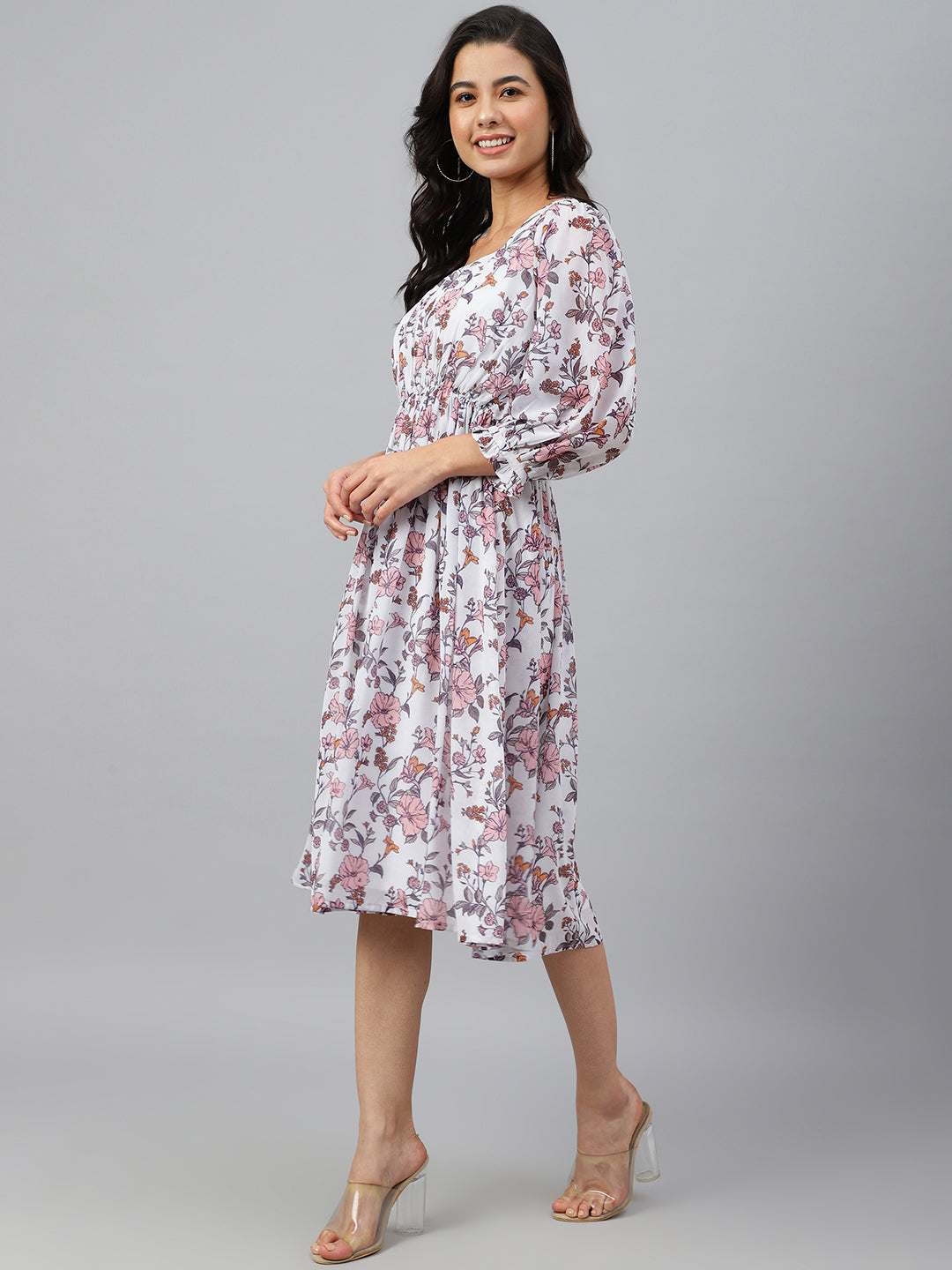 Janasya Women's White Georgette Floral Printed Flared Western Dress