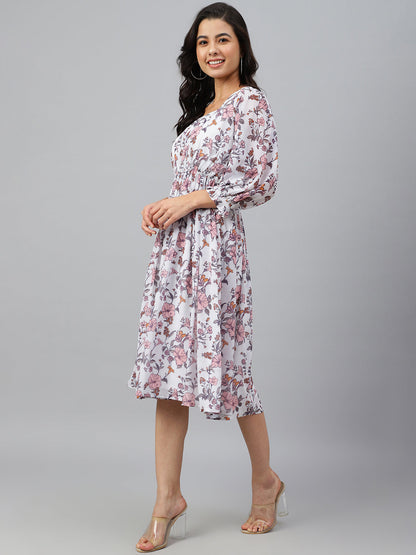 Janasya Women's White Georgette Floral Printed Flared Western Dress