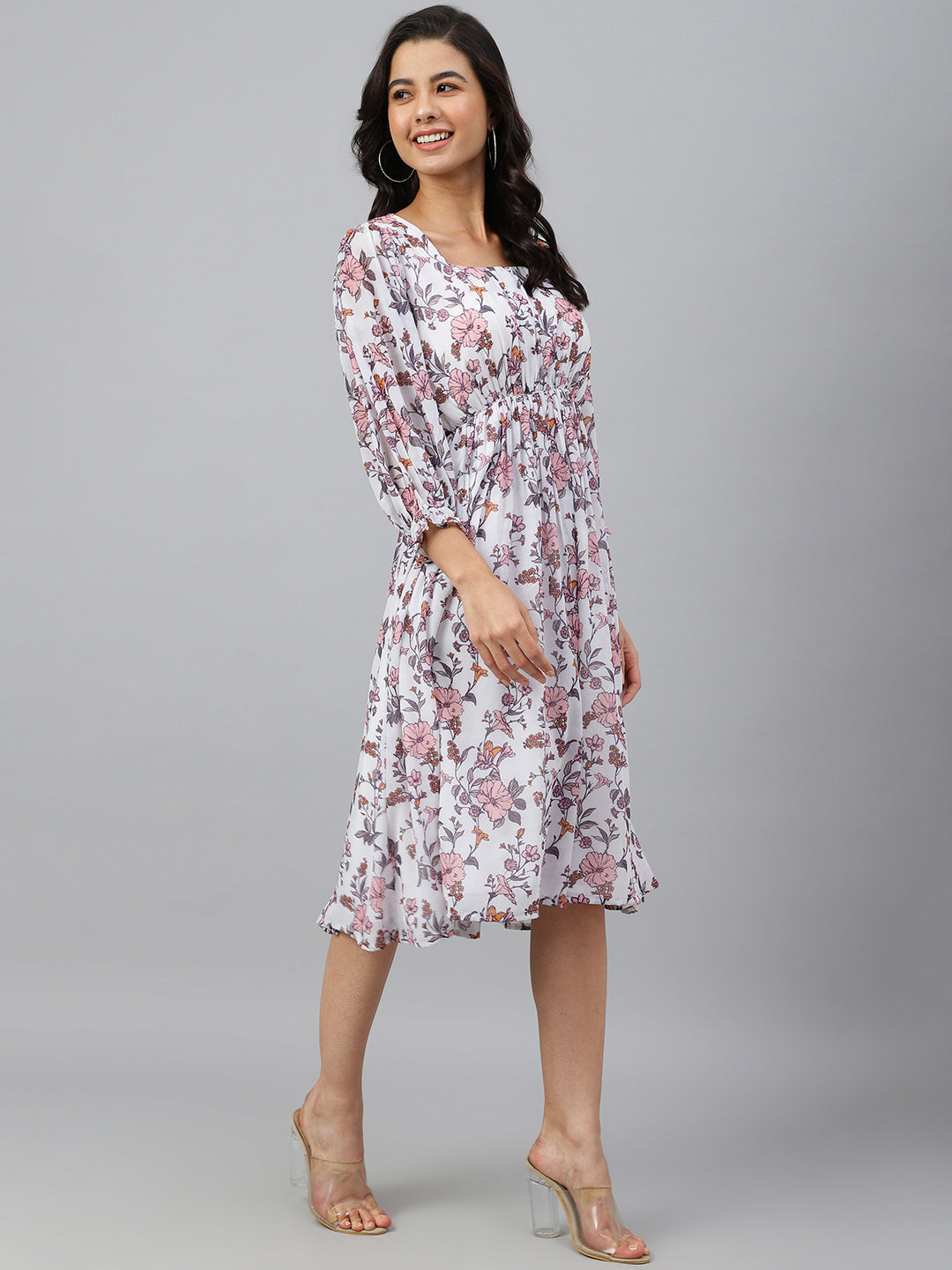 Janasya Women's White Georgette Floral Printed Flared Western Dress