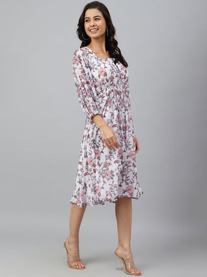 Janasya Women's White Georgette Floral Printed Flared Western Dress