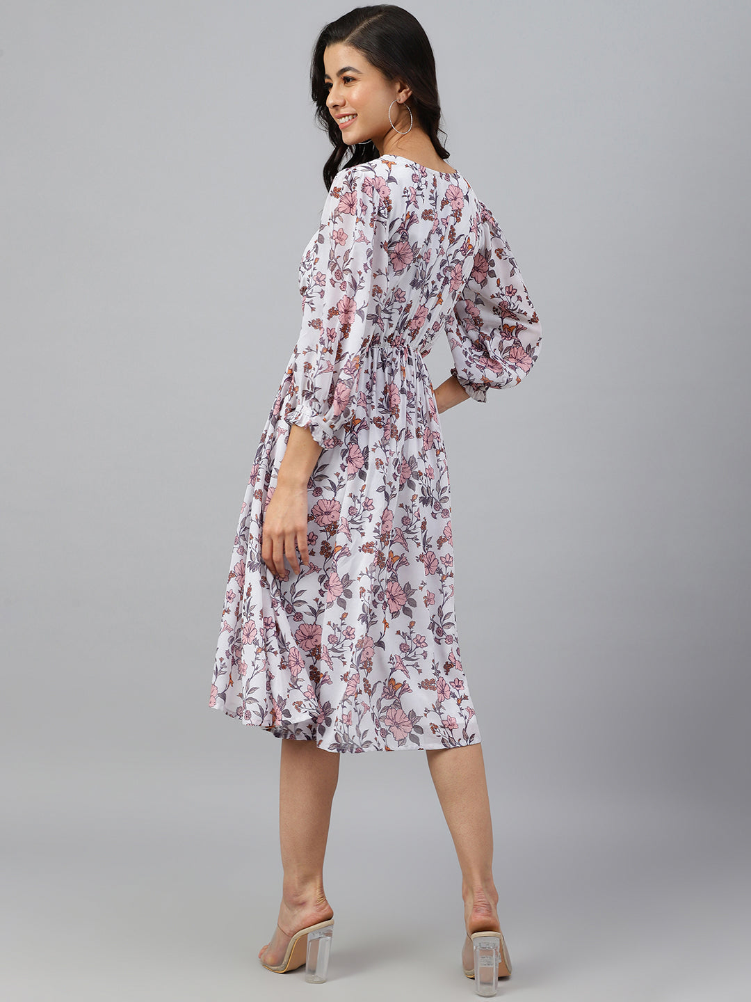 Janasya Women's White Georgette Floral Printed Flared Western Dress