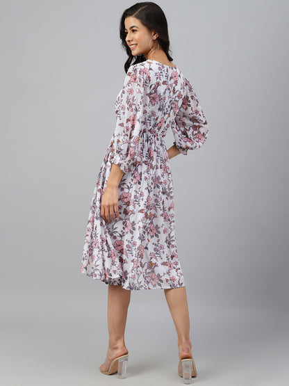 Janasya Women's White Georgette Floral Printed Flared Western Dress