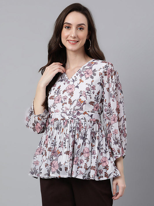 Janasya Women's White Georgette Floral Print Peplum Top