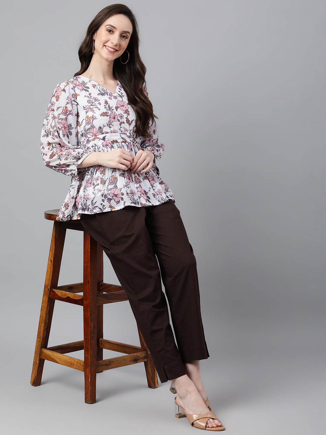 Janasya Women's White Georgette Floral Print Peplum Top