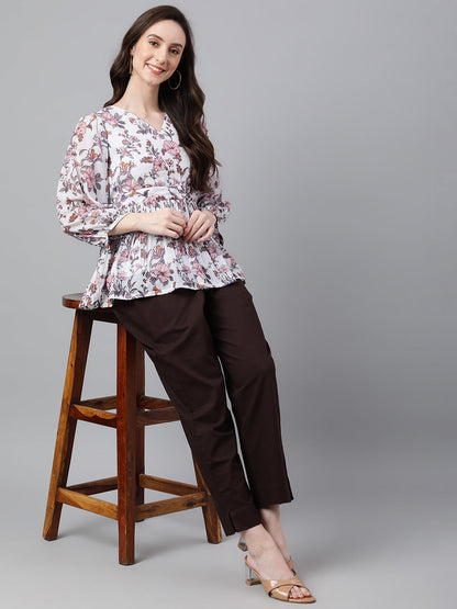 Janasya Women's White Georgette Floral Print Peplum Top