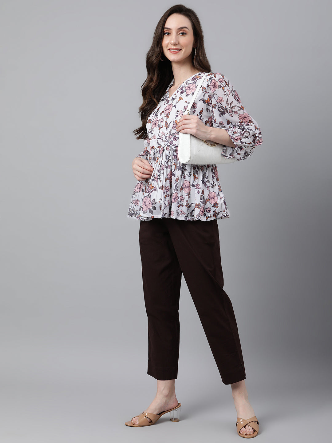 Janasya Women's White Georgette Floral Print Peplum Top