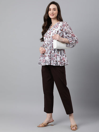 Janasya Women's White Georgette Floral Print Peplum Top