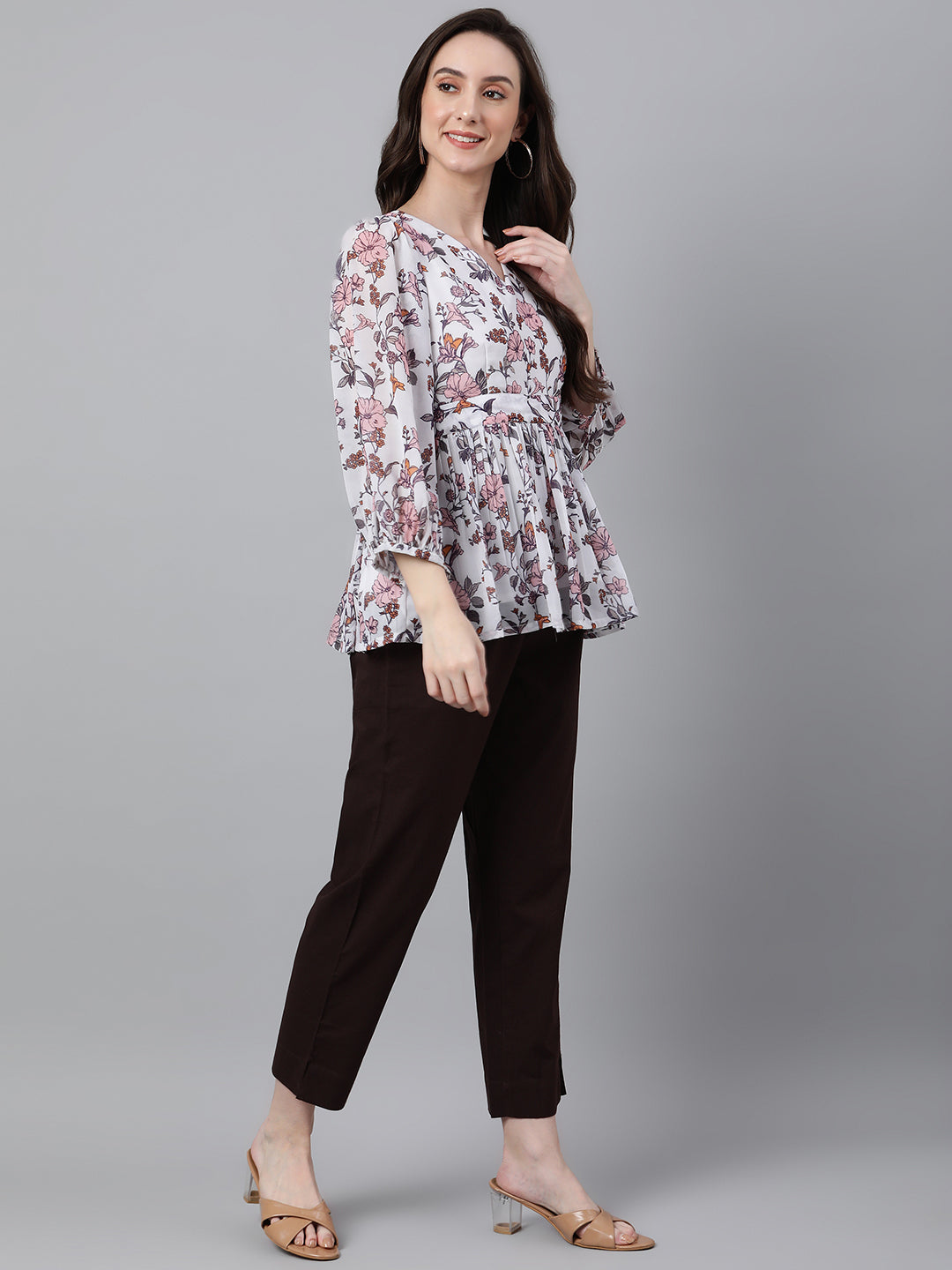 Janasya Women's White Georgette Floral Print Peplum Top