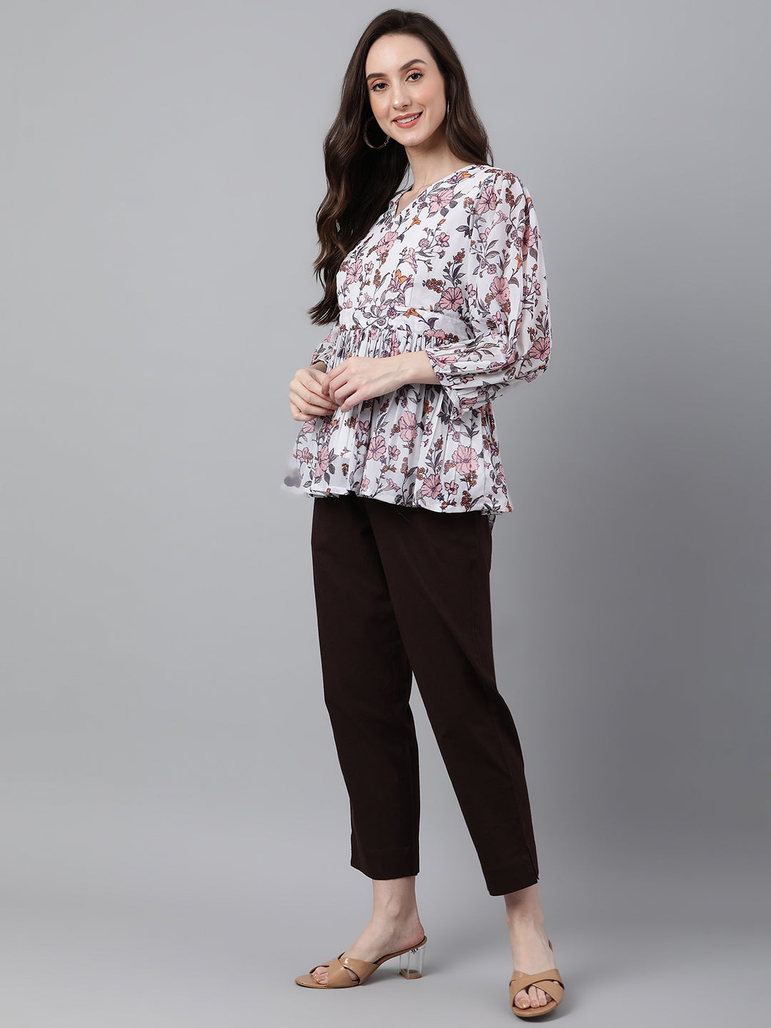 Janasya Women's White Georgette Floral Print Peplum Top