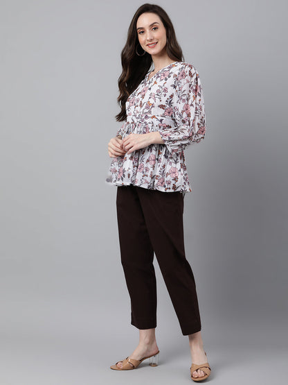 Janasya Women's White Georgette Floral Print Peplum Top