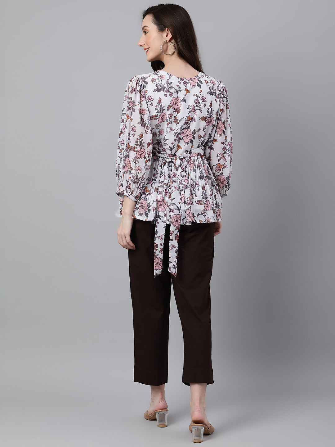 Janasya Women's White Georgette Floral Print Peplum Top