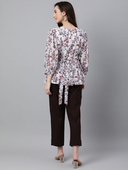 Janasya Women's White Georgette Floral Print Peplum Top