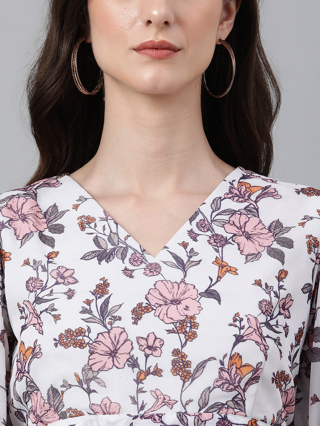 Janasya Women's White Georgette Floral Print Peplum Top