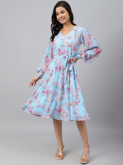 Janasya Women's Sky Blue Georgette Floral Printed Flared Western Dress