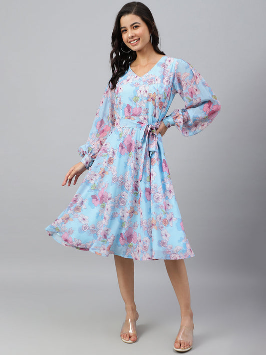 Janasya Women's Sky Blue Georgette Floral Printed Flared Western Dress