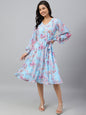 Janasya Women's Sky Blue Georgette Floral Printed Flared Western Dress