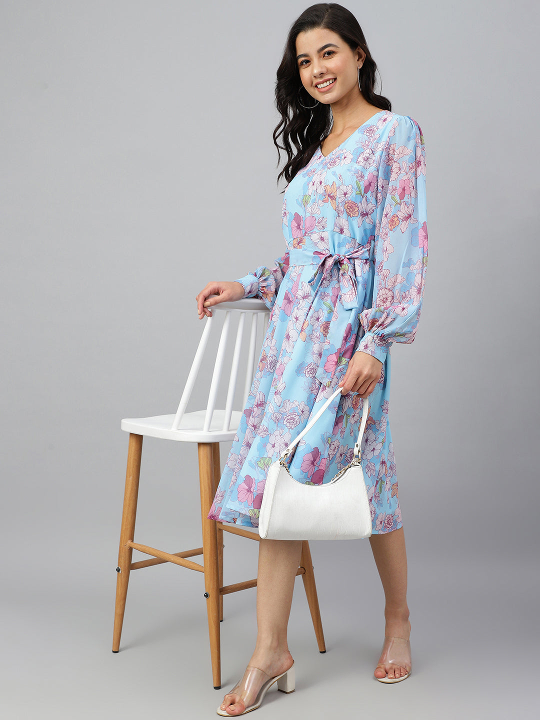 Janasya Women's Sky Blue Georgette Floral Printed Flared Western Dress