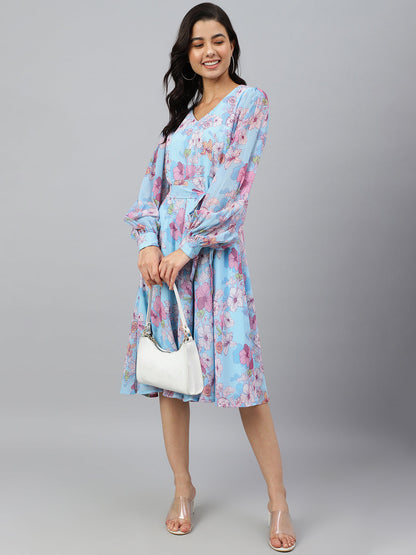 Janasya Women's Sky Blue Georgette Floral Printed Flared Western Dress