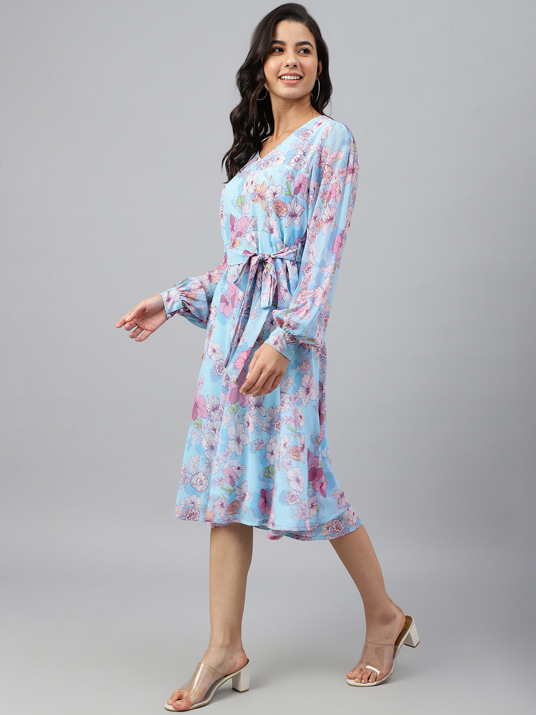 Janasya Women's Sky Blue Georgette Floral Printed Flared Western Dress