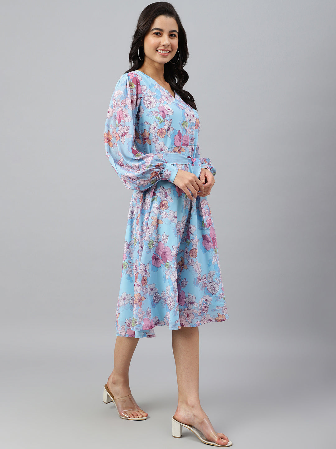 Janasya Women's Sky Blue Georgette Floral Printed Flared Western Dress