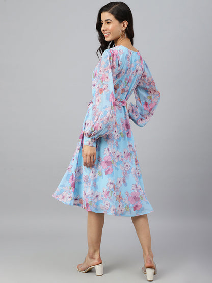 Janasya Women's Sky Blue Georgette Floral Printed Flared Western Dress