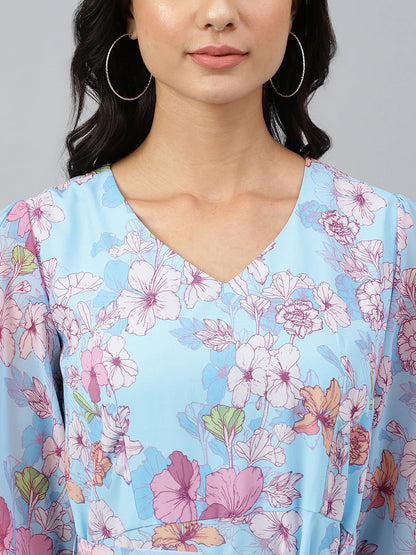 Janasya Women's Sky Blue Georgette Floral Printed Flared Western Dress