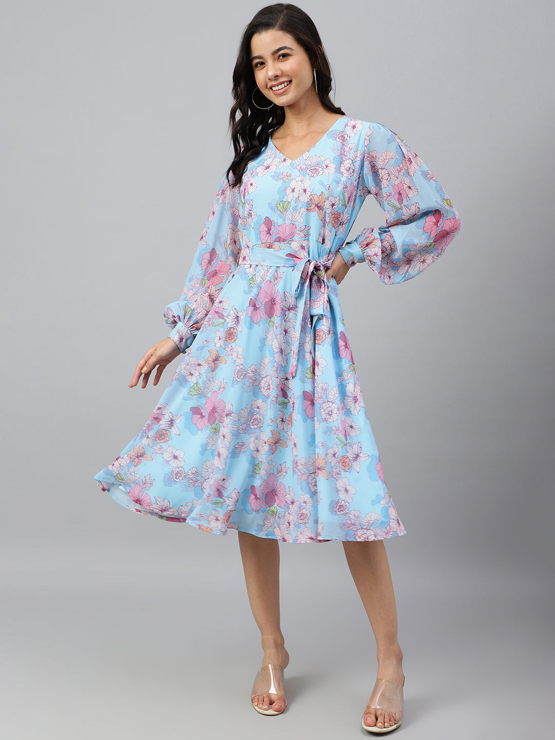 Janasya Women's Sky Blue Georgette Floral Printed Flared Western Dress
