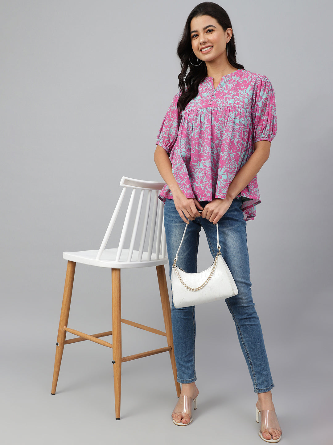 Janasya Women's Pink Georgette Digital Print Flared Top