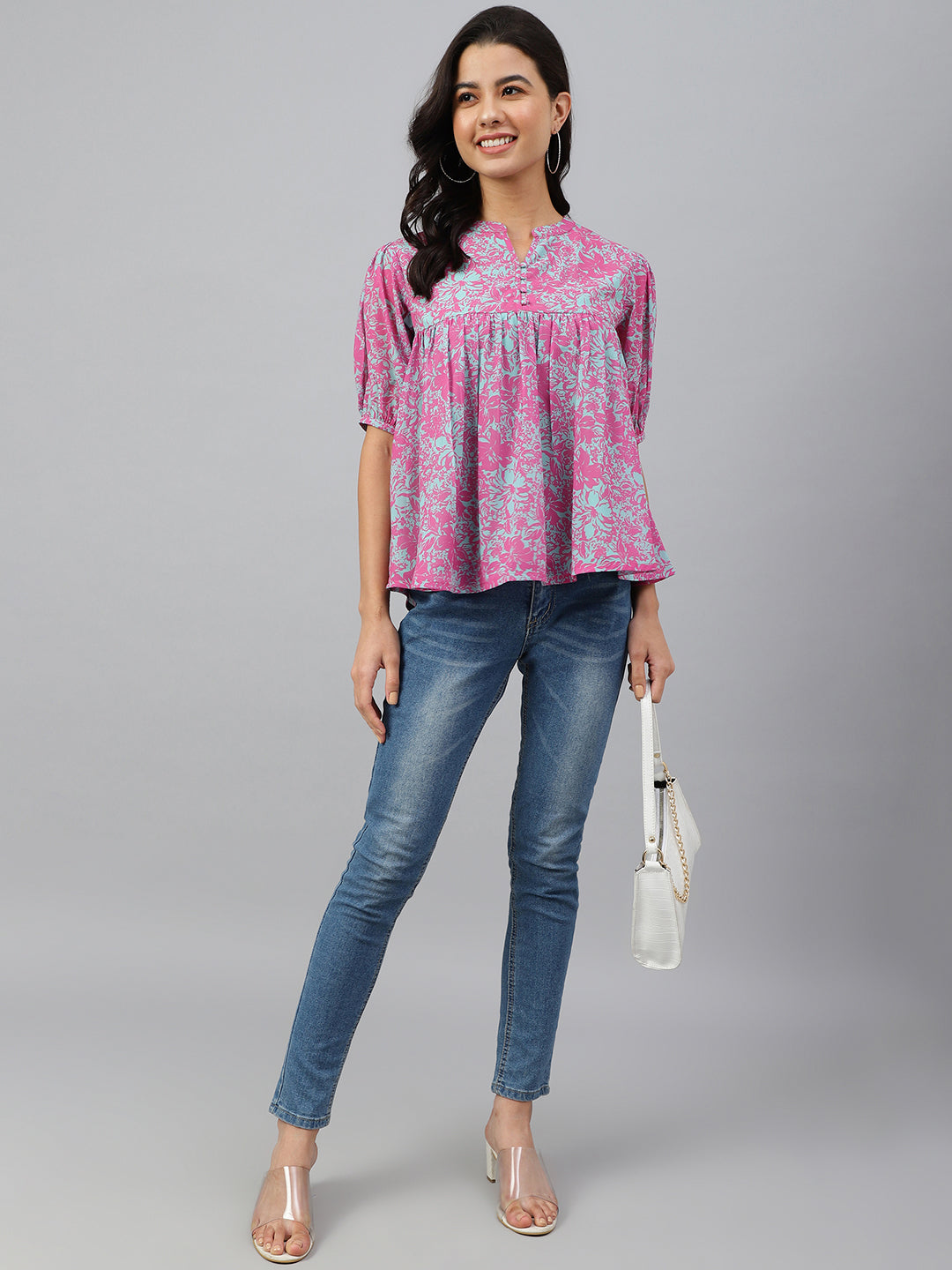 Janasya Women's Pink Georgette Digital Print Flared Top
