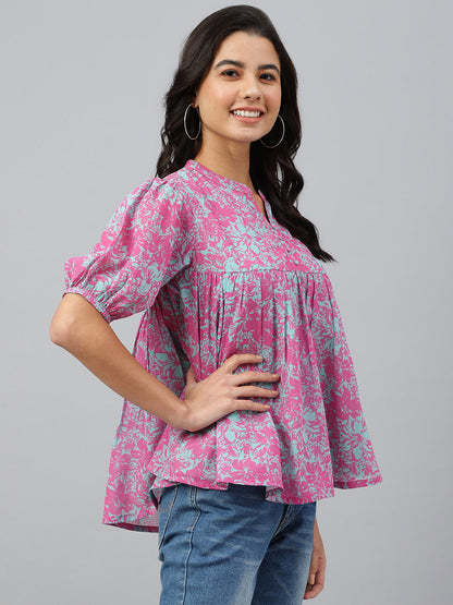 Janasya Women's Pink Georgette Digital Print Flared Top