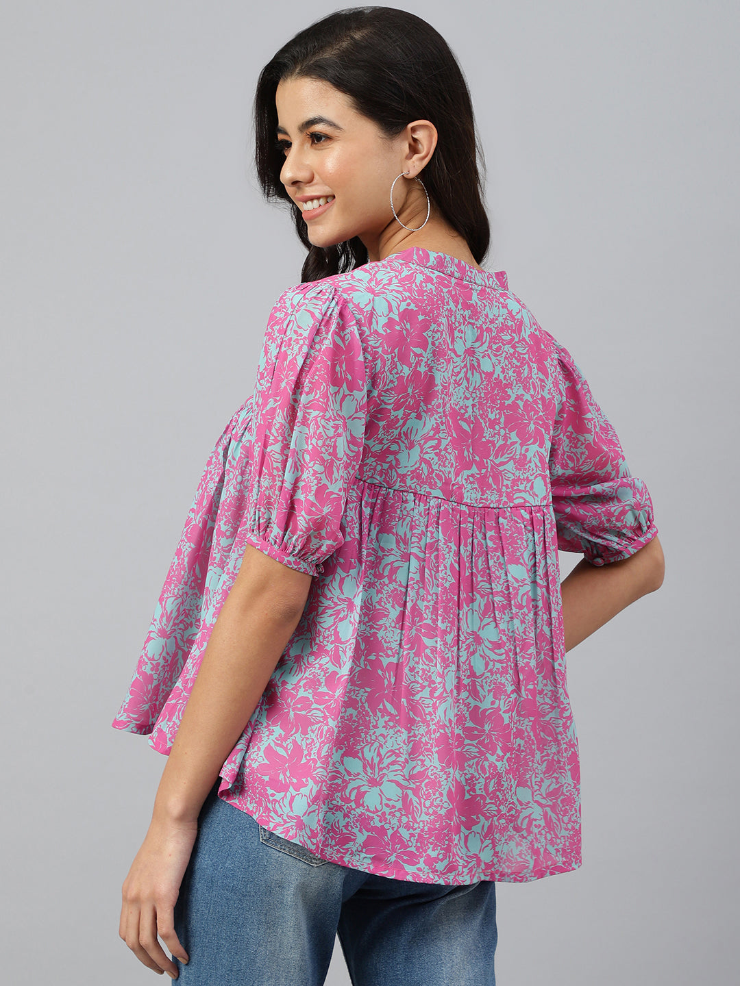 Janasya Women's Pink Georgette Digital Print Flared Top