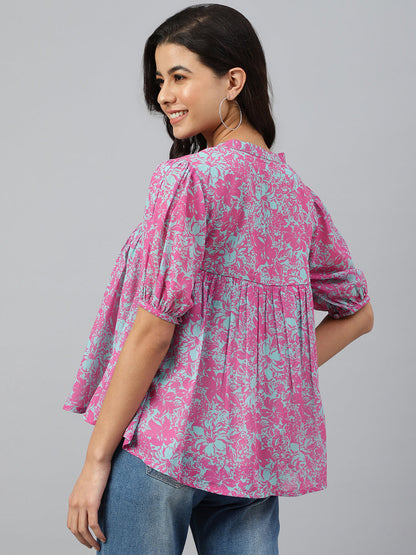Janasya Women's Pink Georgette Digital Print Flared Top