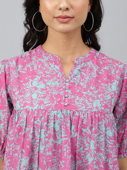 Janasya Women's Pink Georgette Digital Print Flared Top