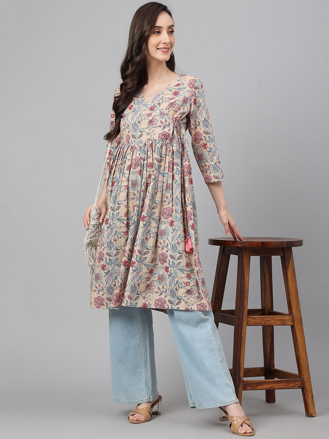 Janasya Women's Beige Cotton Floral Printed Casual Angrakha Kurta