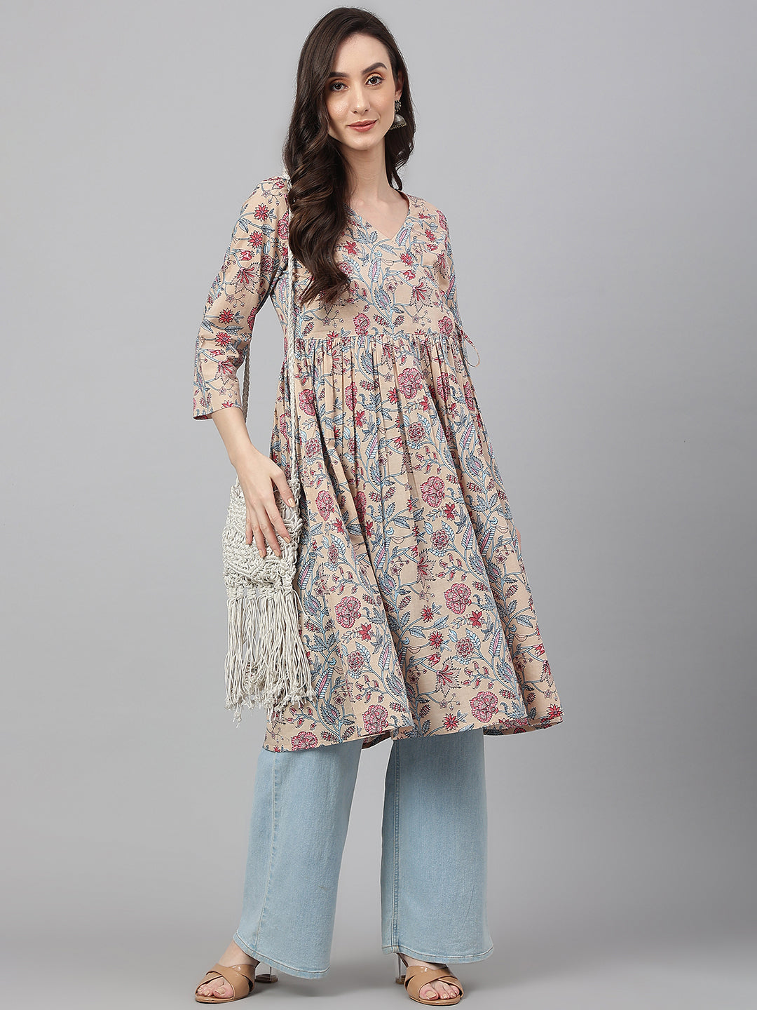 Janasya Women's Beige Cotton Floral Printed Casual Angrakha Kurta