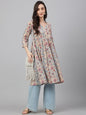 Janasya Women's Beige Cotton Floral Printed Casual Angrakha Kurta