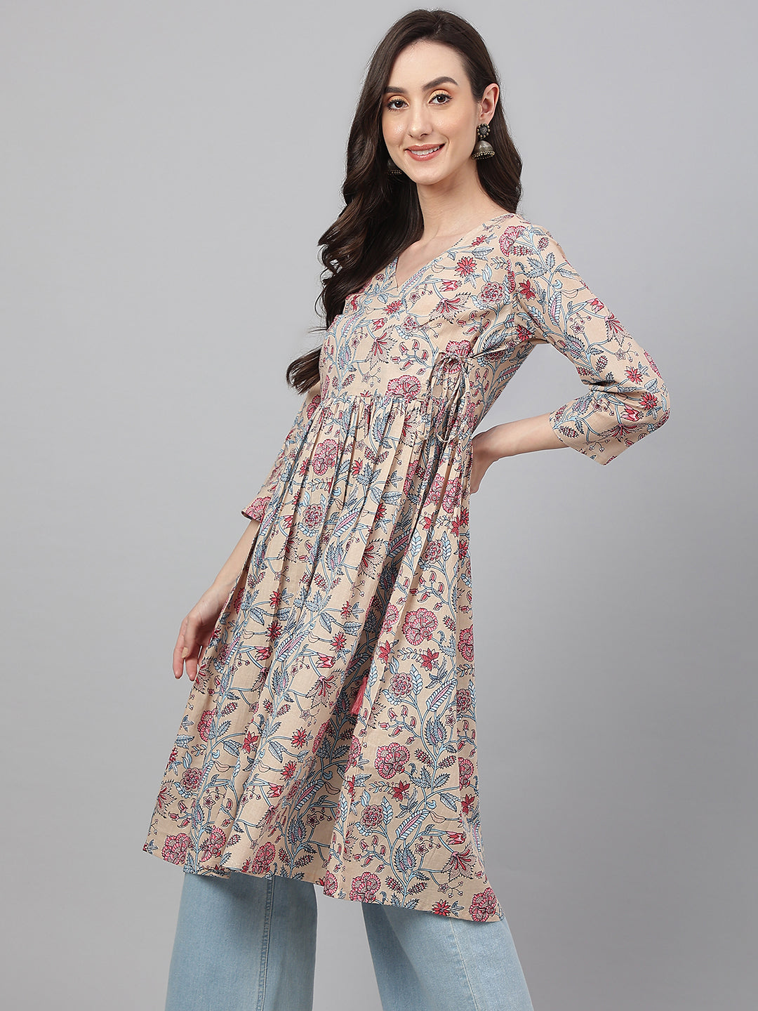 Janasya Women's Beige Cotton Floral Printed Casual Angrakha Kurta