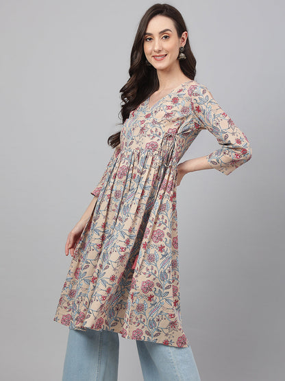 Janasya Women's Beige Cotton Floral Printed Casual Angrakha Kurta